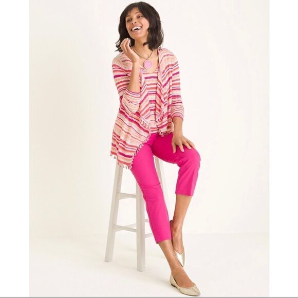 Chico’s Pink Wave Stripe Tassel Boho Open Front Cardigan Size XXL - Picture 2 of 12